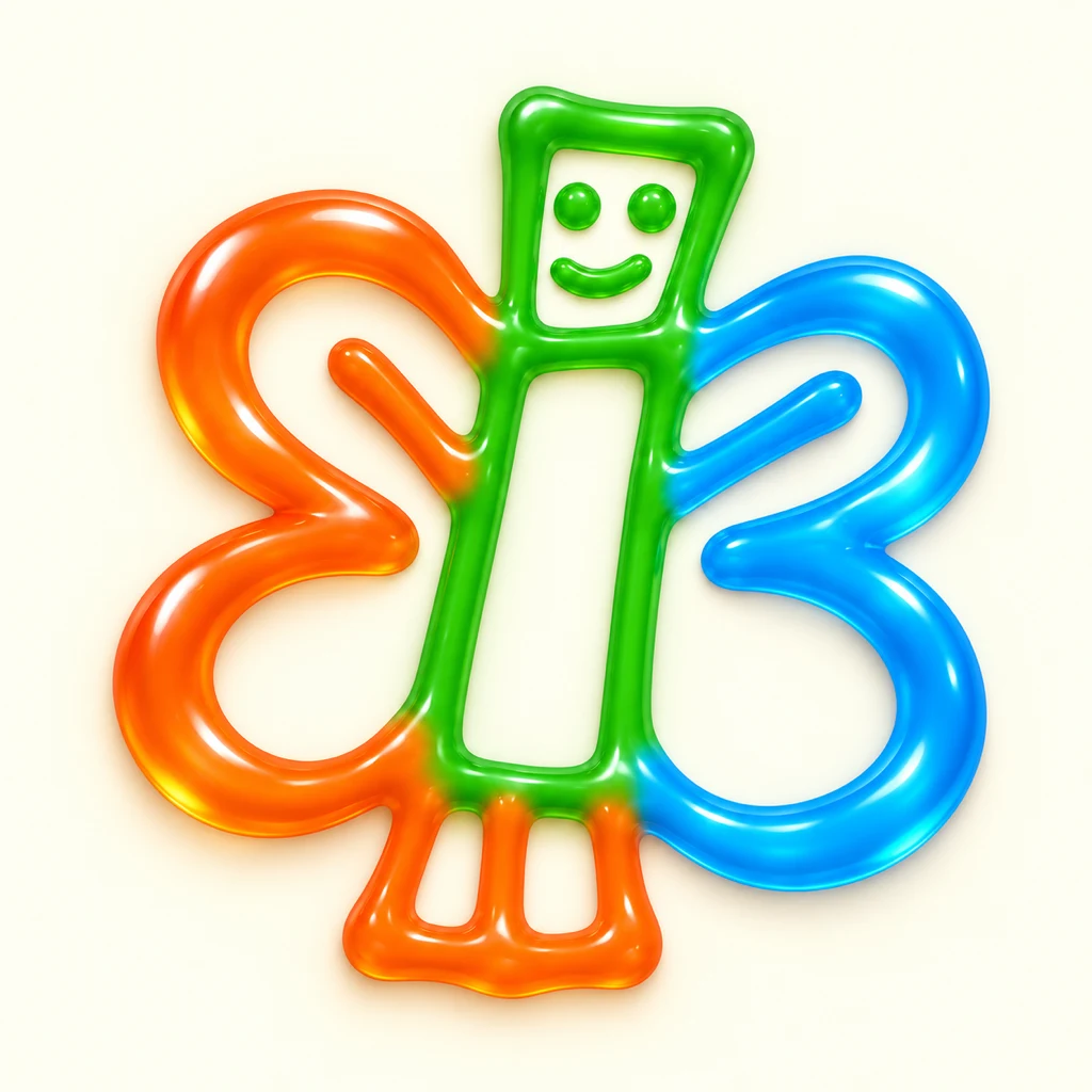 A smiling butterfly made from orange, green, and blue loops.